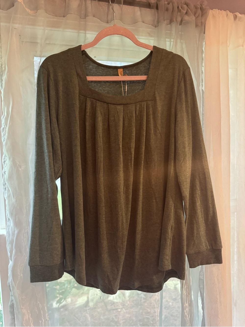 Amethyst Jeans Olive Green Long Sleeve Pleated Front Top
